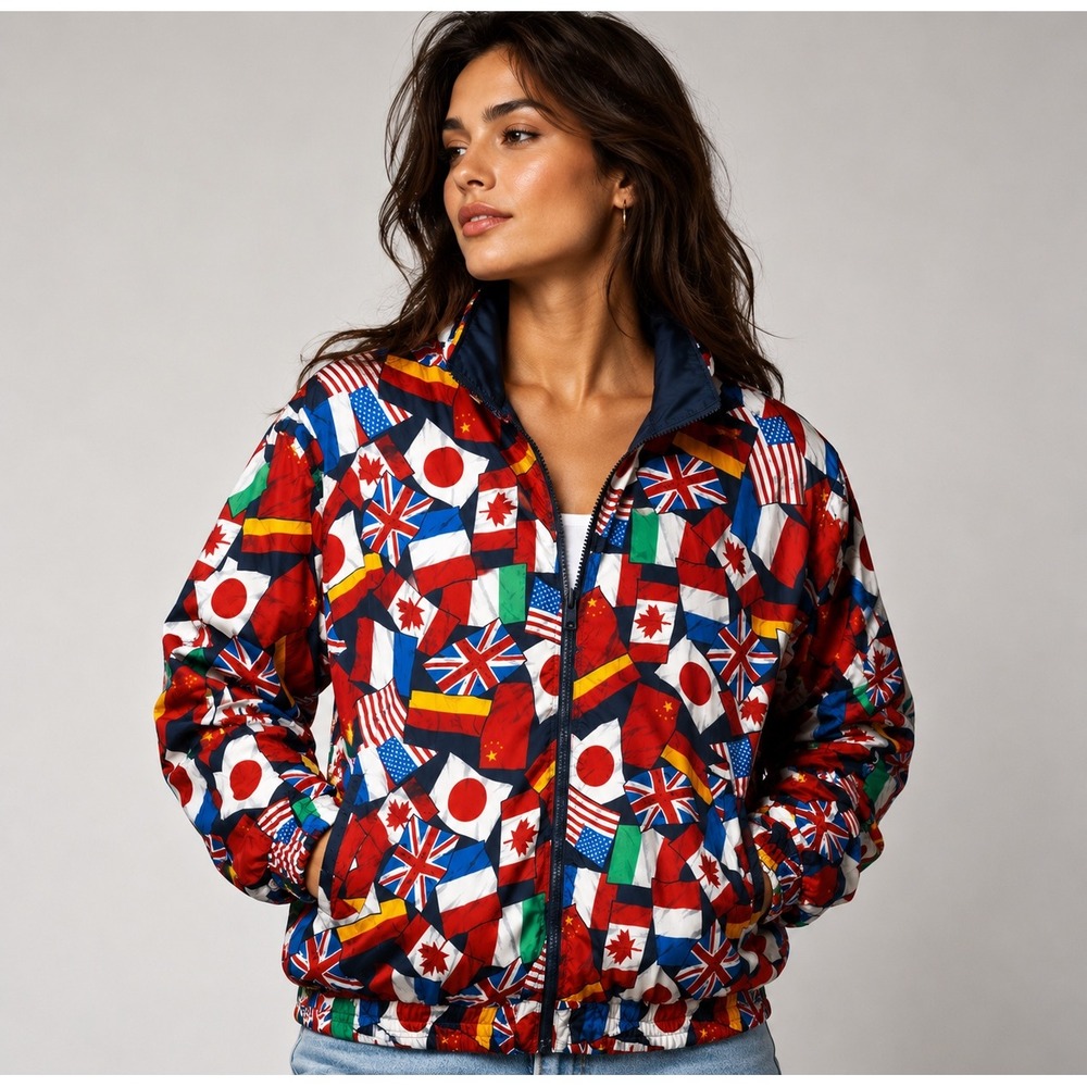 Vintage LAVON Womens XL International World Flags Bomber Jacket Full Zip Silk